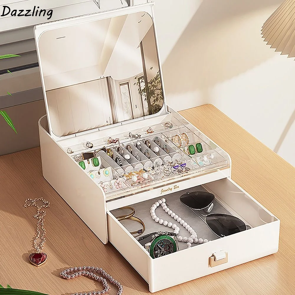 

Двухслойная шкатулка для украшений с зеркалом, пылезащитный выдвижной ящик, подставка для демонстрации украшений, многофункциональная, с несколькими отделениями