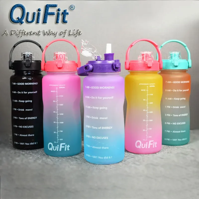 QuiFit 2L/3.8L Bounce Cap Gallon Water Bottle with Time Stamp Trigger - BPA-Free Sports Phone Holder Fitness/Outdoor Bottle