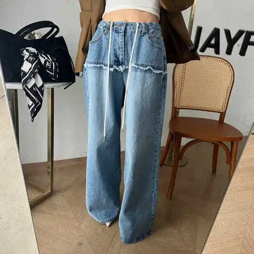 

Womens Pants 2026 Spring New Korean Version Retro Fringed Patchwork High Waisted Denim Straight Leg Pants Daily Stylish Wear