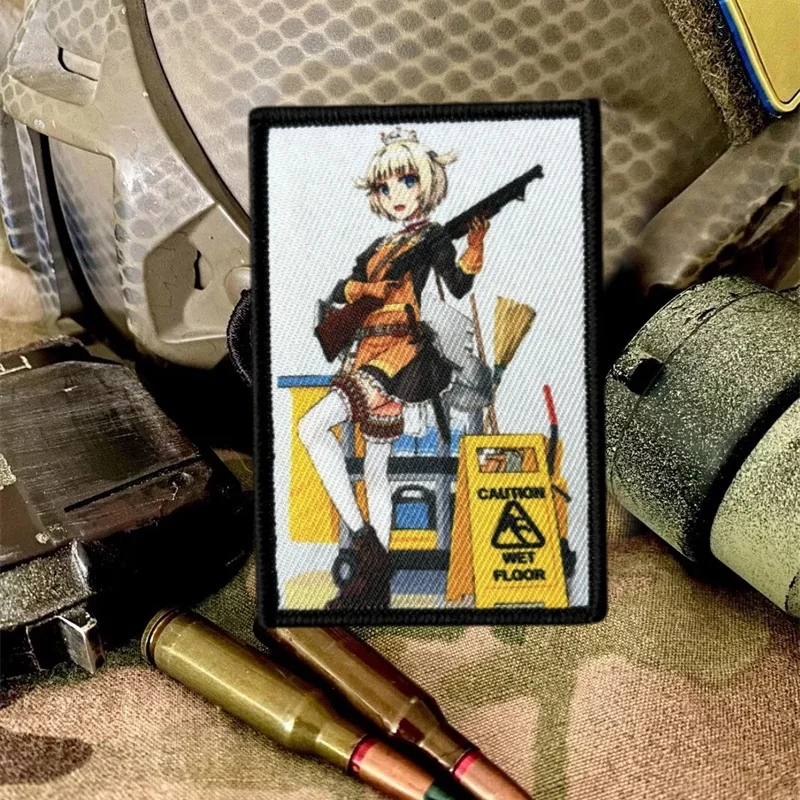 Girls Frontline Anime Patch for Clothing CAUTION WET FLOO Hook&Loop Patches Backpack Sticker Military Morale Badge Armband