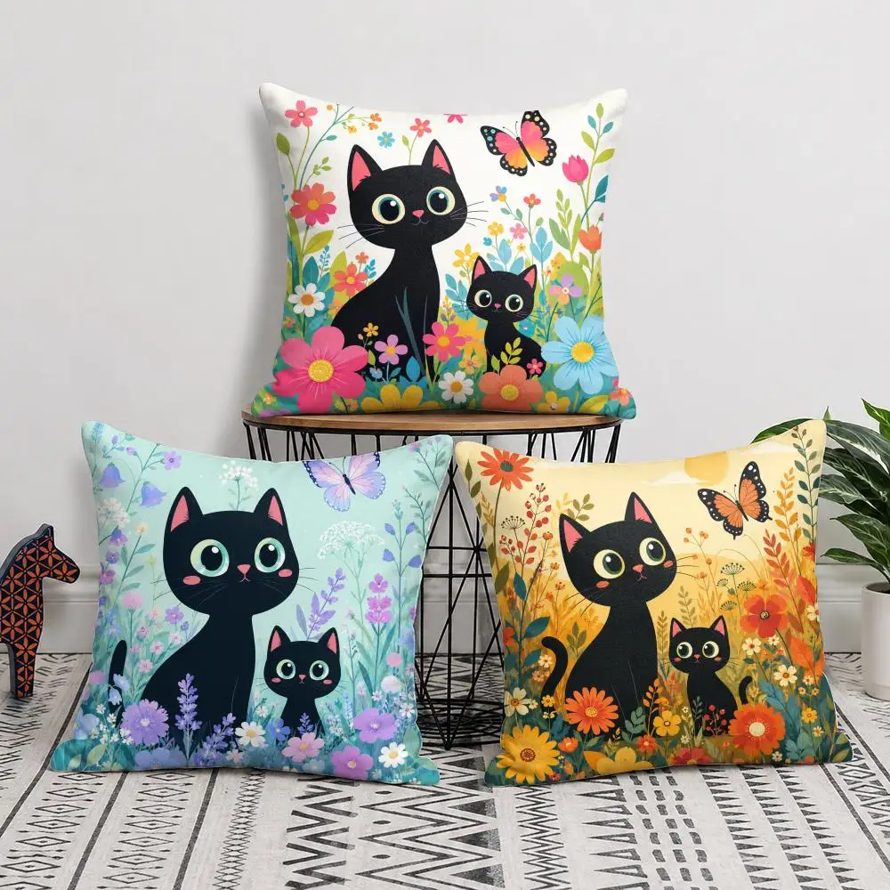 Flower Cat Paradise Cushion Cover Short Plush Soft Double-Sided Printing Pillow Case Cozy Sofa Bedroom Home Decor Gift