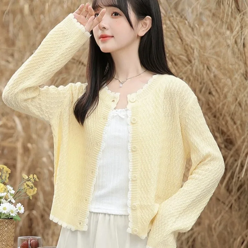 High Quality New Korean Spring Autumn Knitted Sweater Women Cardigan Short Fashion Solid O-neck Knit Coat Female Tops
