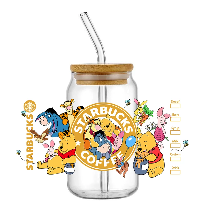 3D UV DTF Libbey Cup Wrap Cartoon Cute Pooh Friend Transfer Sticker Adhesive Waterproof Durable