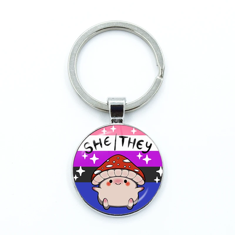 Non Binary Pride Mushroom She They Pronoun Keychain Cute Glass Cabochon KeyRing Bag Car Key Chain Ring Holder Jewelry Gifts