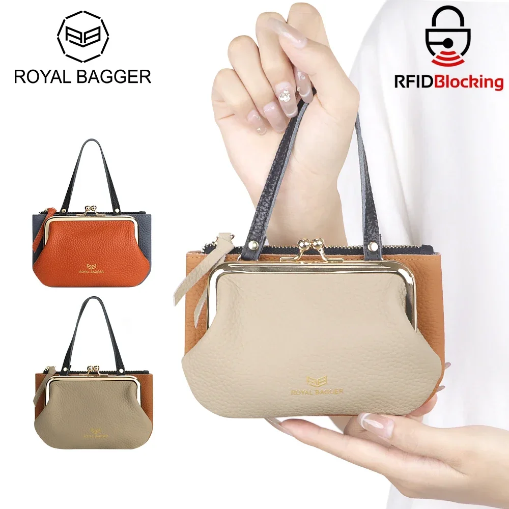 

Royal Bagger RFID Coin Purse for Women, Genuine Leather Portable Small Handbag, Fashion Casual Kiss Lock Clutch Wallet 1954