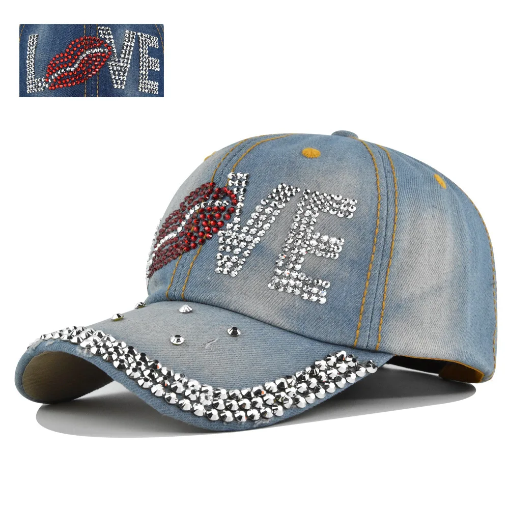 Denim Baseball Cap For Women Retro Rhinestone Love Fashion Cowboy Summer Sun Hat Snapback Caps Casual Outdoor New