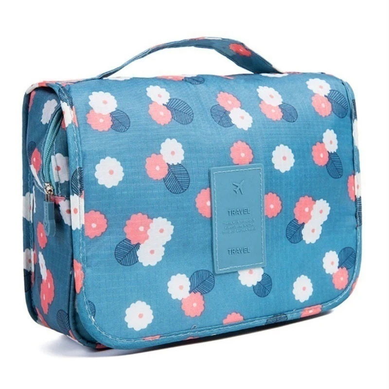 

Nylon Multifunction Cosmetic Travel Wash Makeup Waterproof Bags Storage Blue Flower Hanging Hook Up Storage , 1 Piece