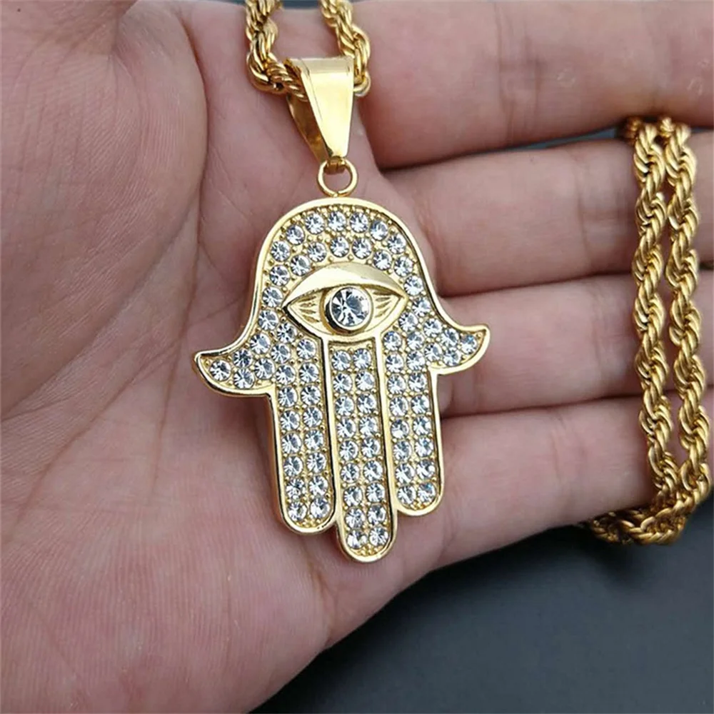 Türkisches Auge Hamsa Hand der Fatima Anhänger Goldfarbe Edelstahl Iced Out Palm Amulett Halskette für Männer Frauen Schmuck Geschenk