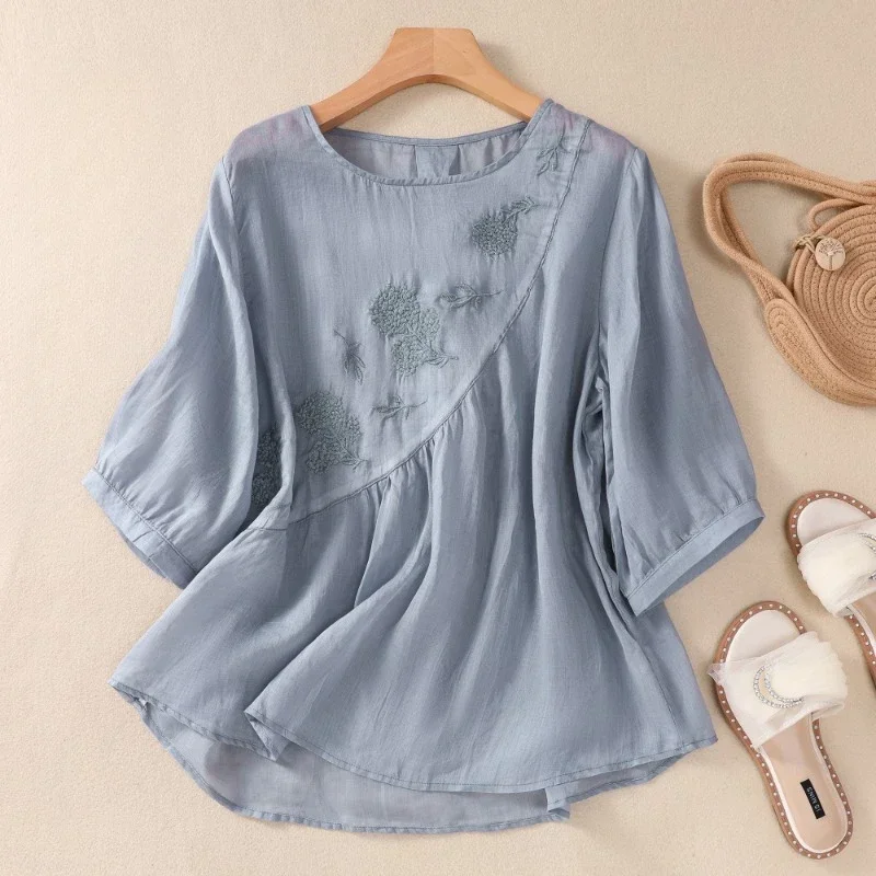 Cotton and Linen T-shirt for Women Round-necklace Clothing Loose Short Sleeve Chinese Style New Summer 2024