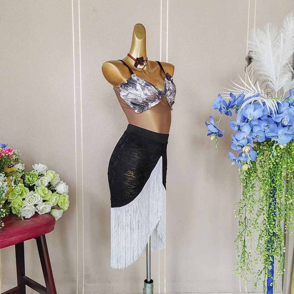 

2026 Female Latin Dance Bodysuit Sexy Backless Stage Tops Clothes Fringe Cha Cha Samba Skirts Fashional Dancewear ADL20