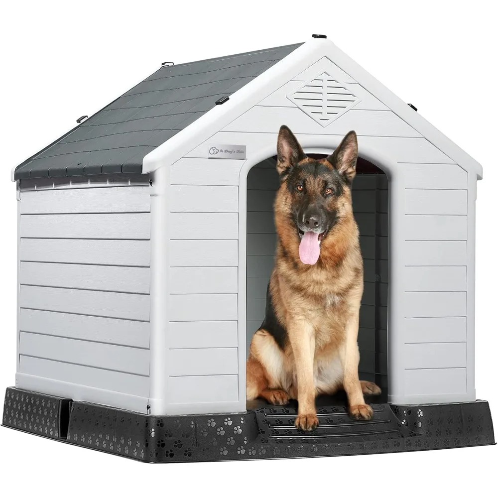 

Durable Waterproof Plastic Dog House for Small to Large Sized Dogs, Indoor Outdoor Doghouse Puppy Shelter with Elevated Floor,