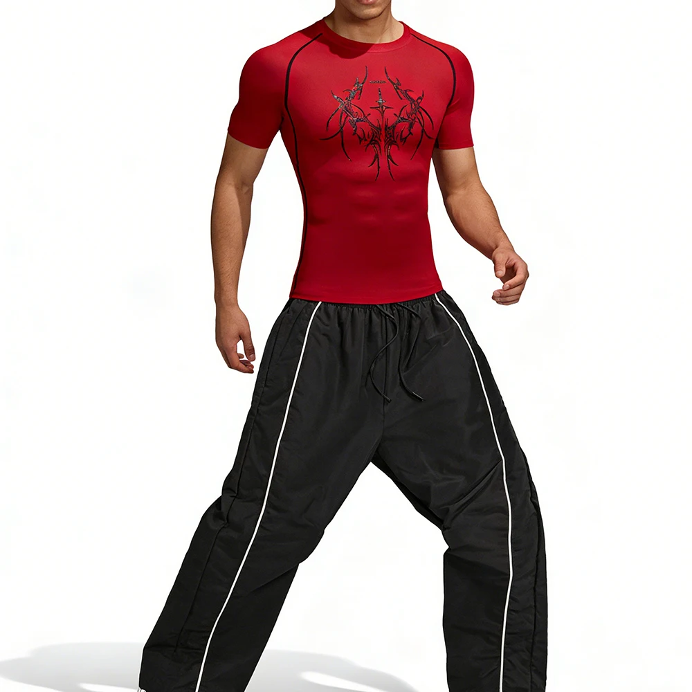 

Men's Summer Quick Dry Tight Sport T-shirts Set Drawstring Waist Long Pants Multiple Colors "Thorn Symmetry" Pattern Print