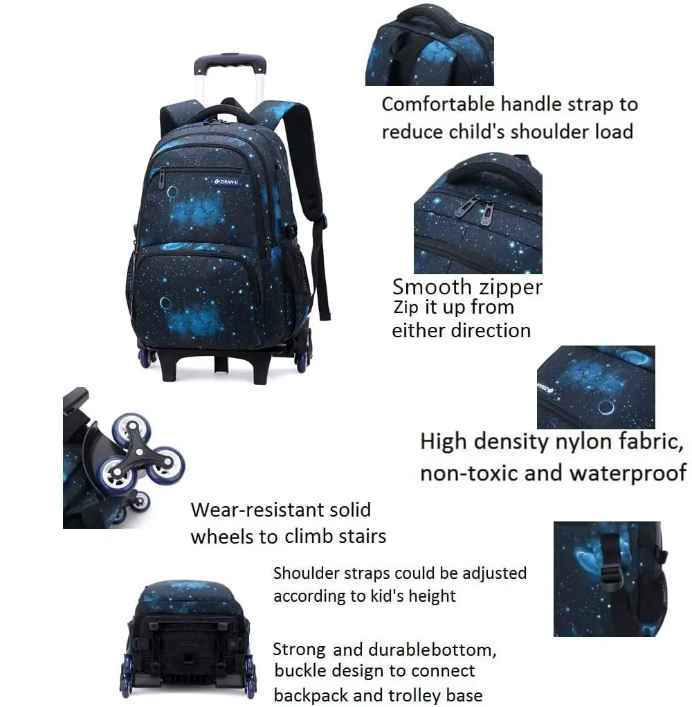 3Pcs Starry Sky Kids Rolling Backpack for Boys Wheeled School Bag 6 Wheels Trolley Bookbag Carry on Luggage with Lunch Bag