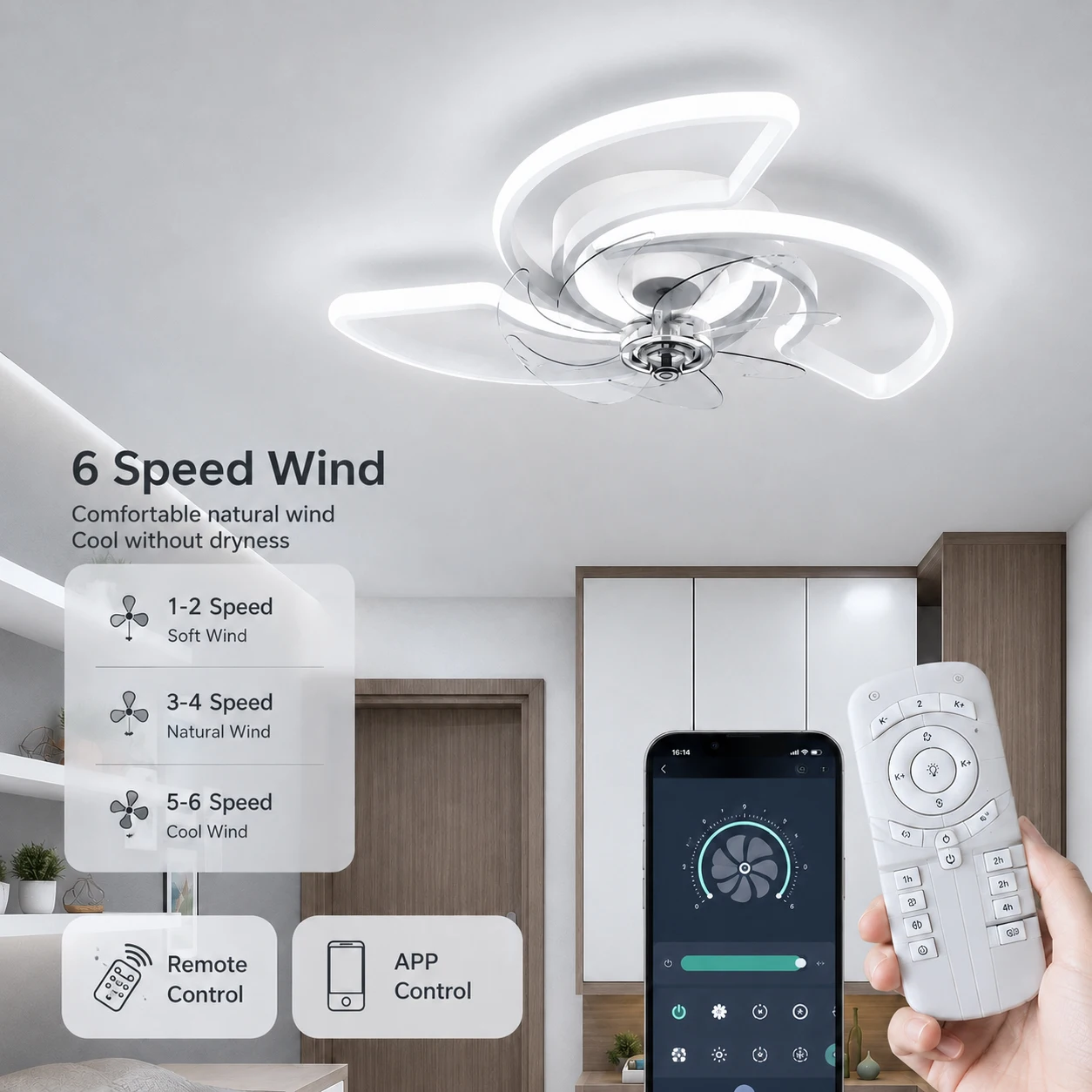 60cm LED Ceiling Fan with Light 48W, 7-Blade Low Profile Fan Light, 6 Speeds, Remote & APP Control, Reversible, Dimmable