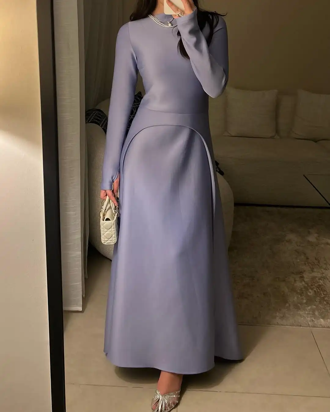 

Customized Long Sleeves Evening Dresses O-Neck Prom Dresses Pleated Ankle Length Simple Party Dresses for Women