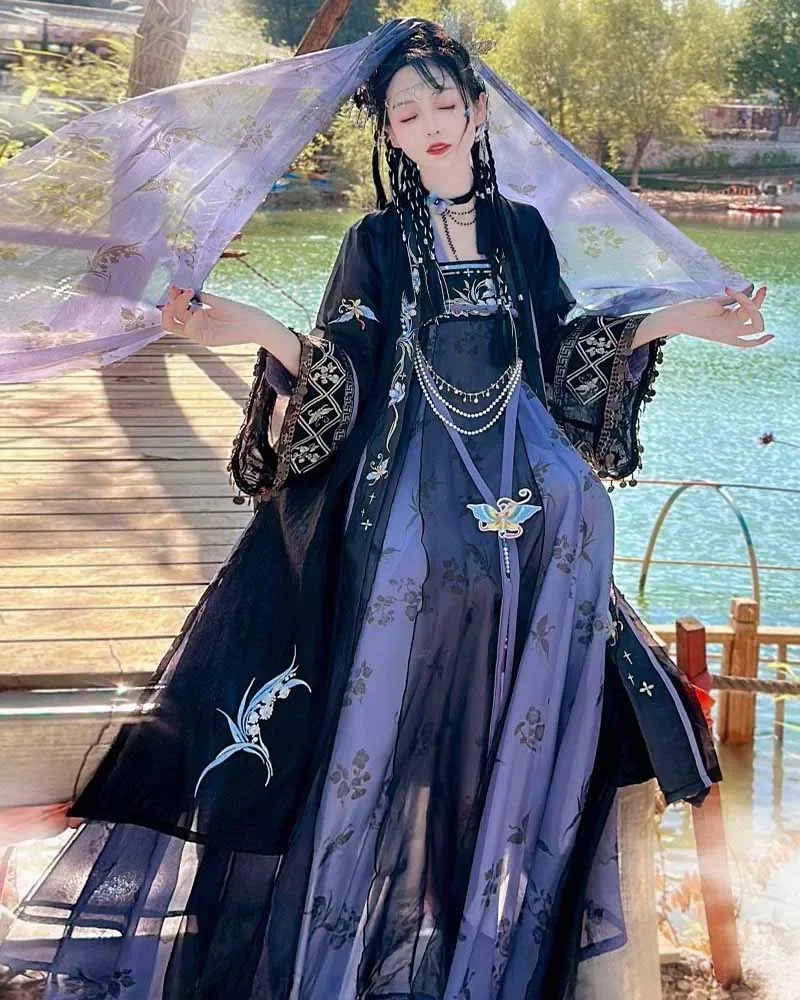 Strój Hanfu z dynastii Tang, starożytny tradycyjny haft, kostium do cosplay, fioletowo-niebieska sukienka Hanfu, popularna chińska sukienka Hanfu dla kobiet QWRE
