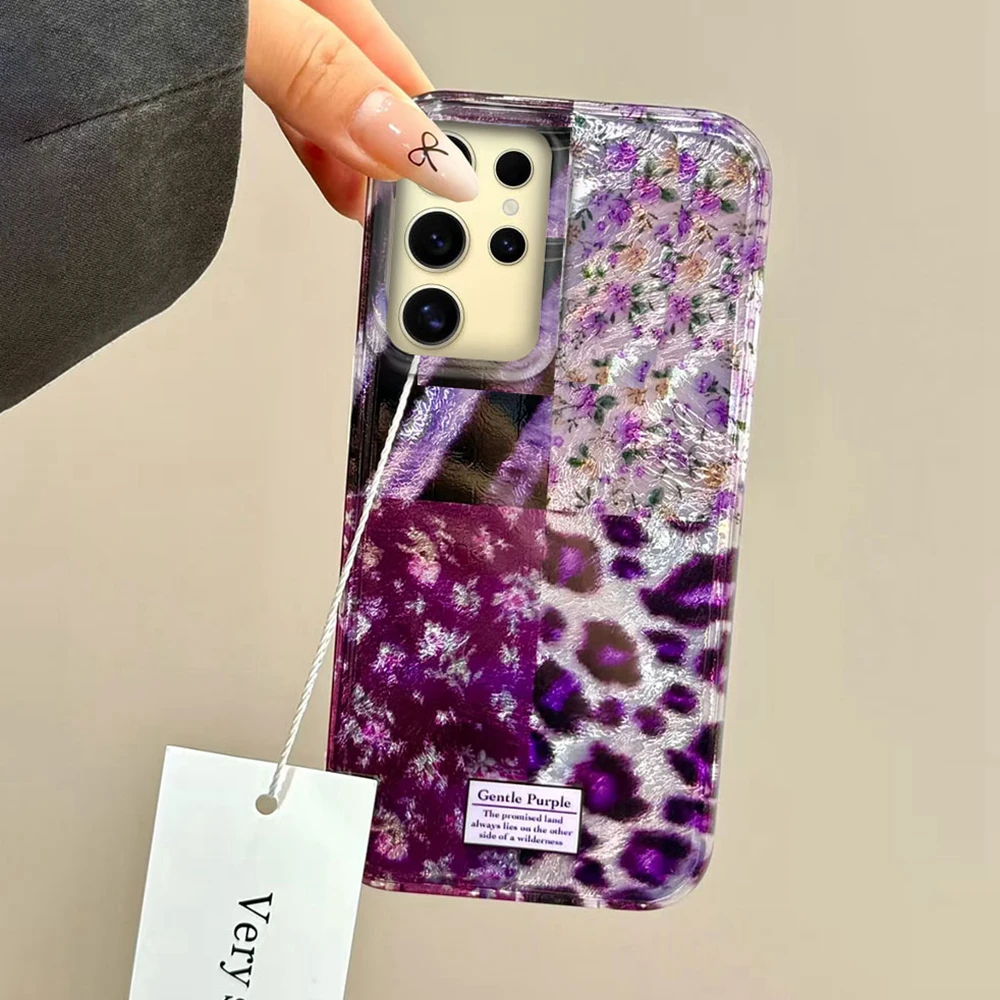 Lila Leopardenmuster Blume Spleißen Frauen Mädchen Handyhülle für Samsung Galaxy S24 S22 S23 S25 Edge S21 Plus S20 FE Ultra Cover