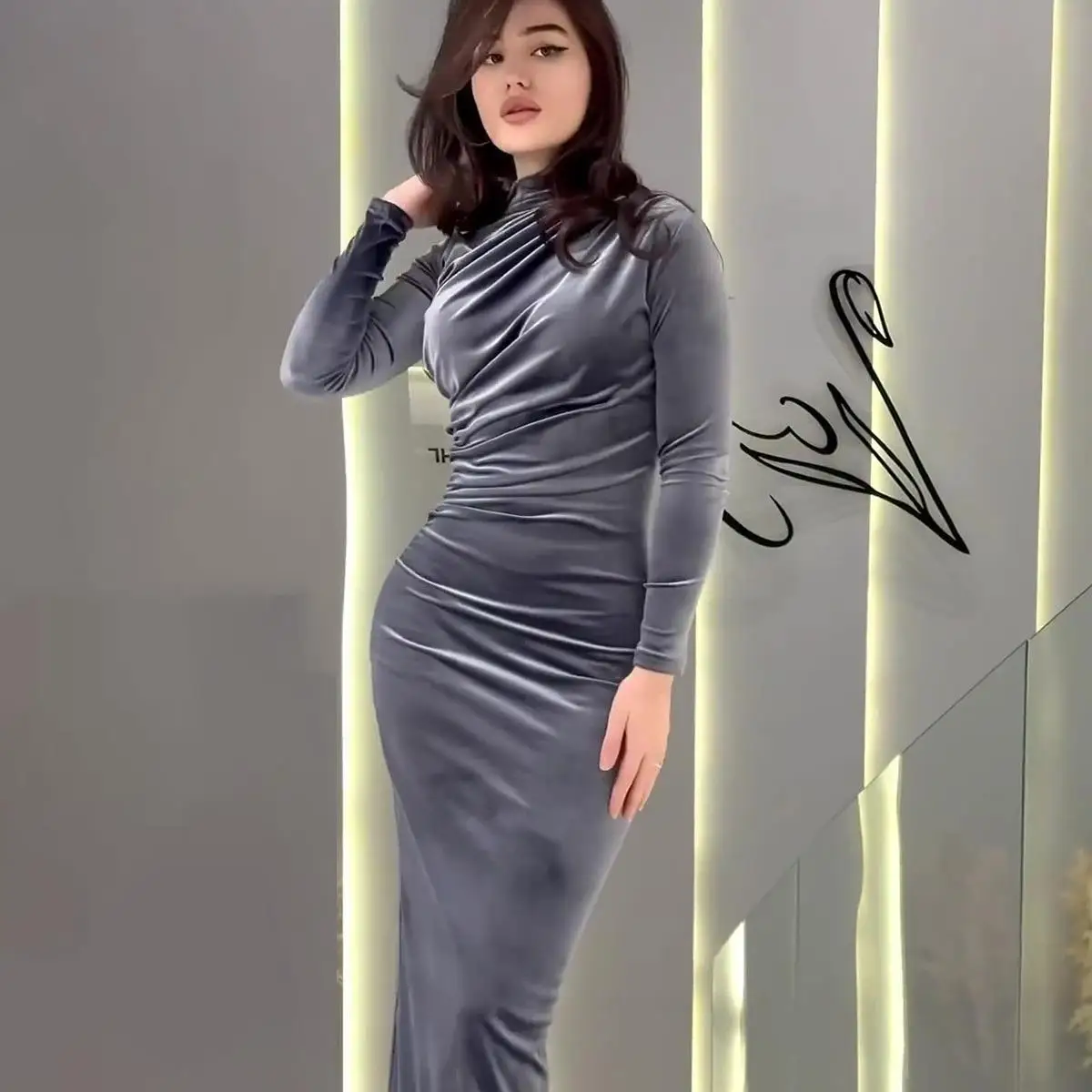 

Golden Velvet Slimming Dr Long Skirt Waist Cinching A-Line Polyester Fiber Basic Sle Sweet And Spicy Sle Office Home