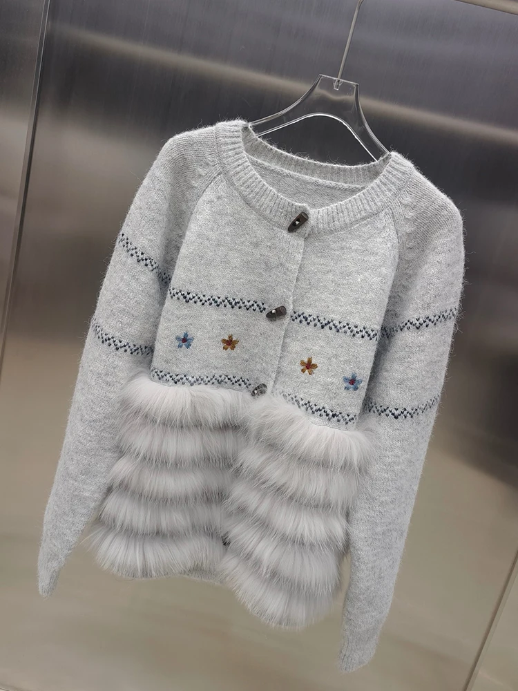 Herbst Winter Natürliche Fuchs Pelz Strickjacke Mantel Weibliche Frauen Kleidung Süße Luxus Plüsch Gestrickte Pullover Jacke