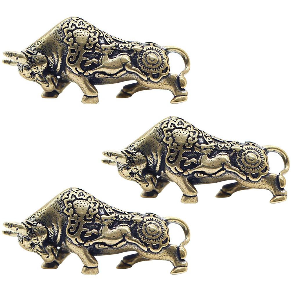 3 Pcs Handcrafted Copper Bull Keychain Key Pendant Decorative Mini Sculpture Exquisite Bull nament for Home Decor