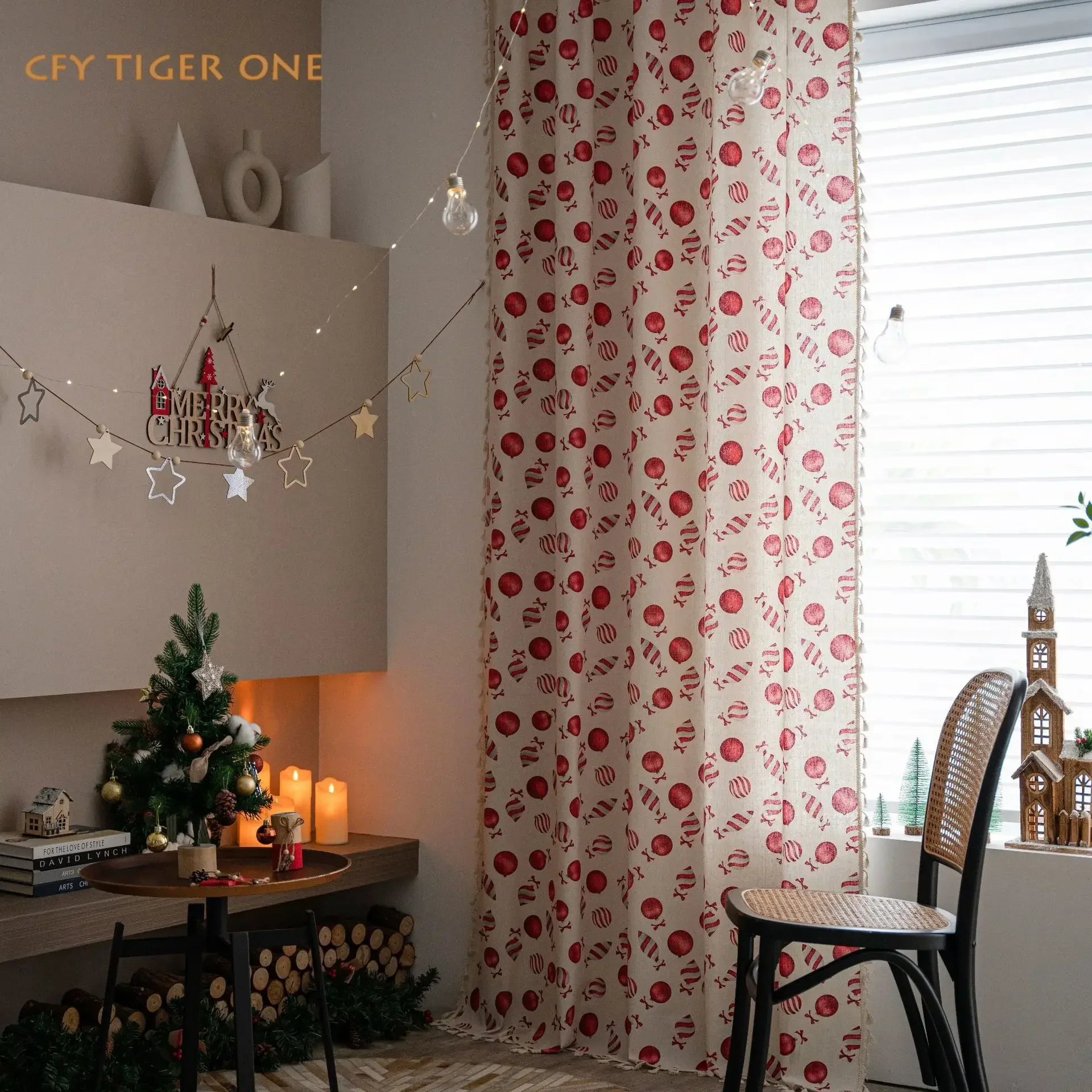 

Christmas Cartoon Candy Cotton Linen Window Curtain with Tassels Blackout Drapes for The Luxury Living Room Curtains