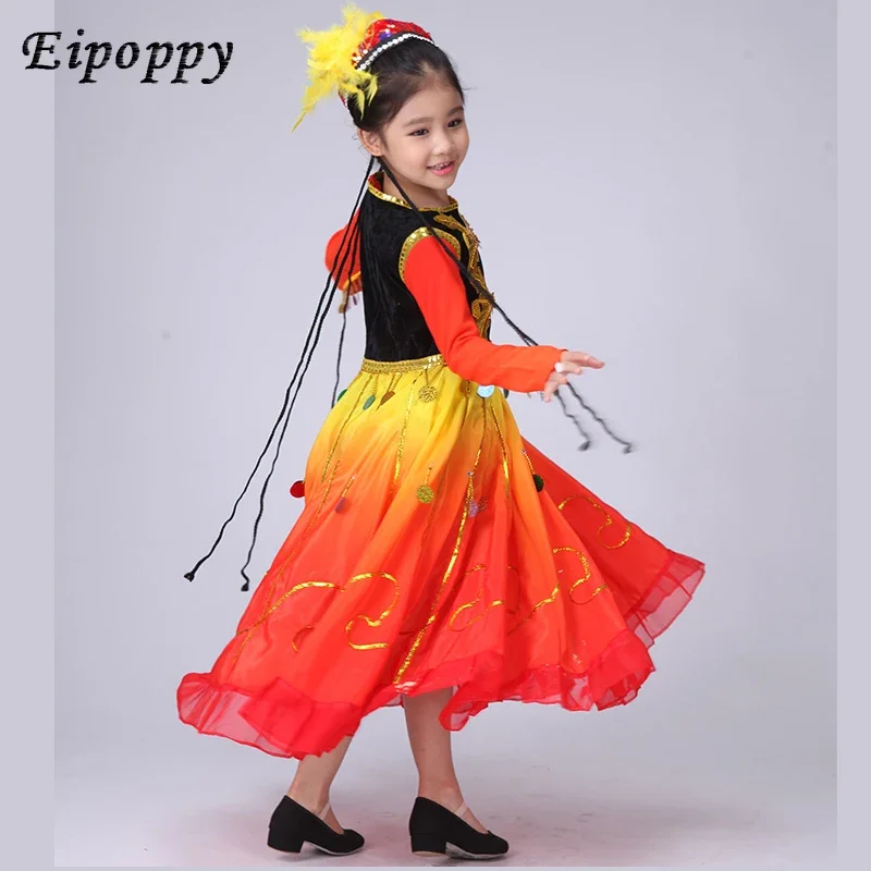 Abbigliamento da ballo etnico Uighur per bambini abbigliamento da spettacolo Xinjiang Uygur costumi da palcoscenico da ballo nuovo cappello femminile