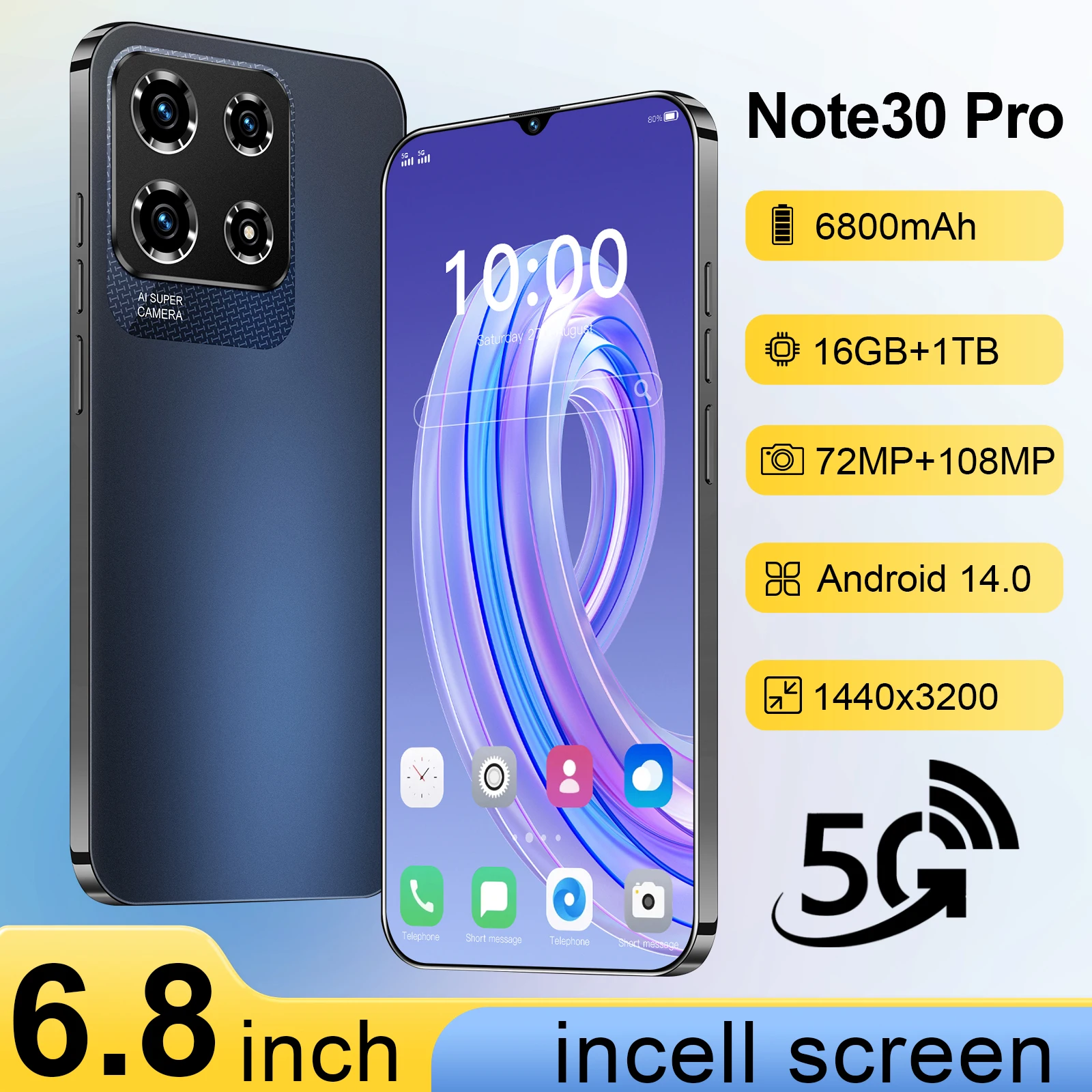 Upgraded Note30 Pro Mobile Phone with Android 14 System 6.8 Inch HD Screen 16GB RAM 6800mAh Battery and 5G Snapdragon 8 Gen3