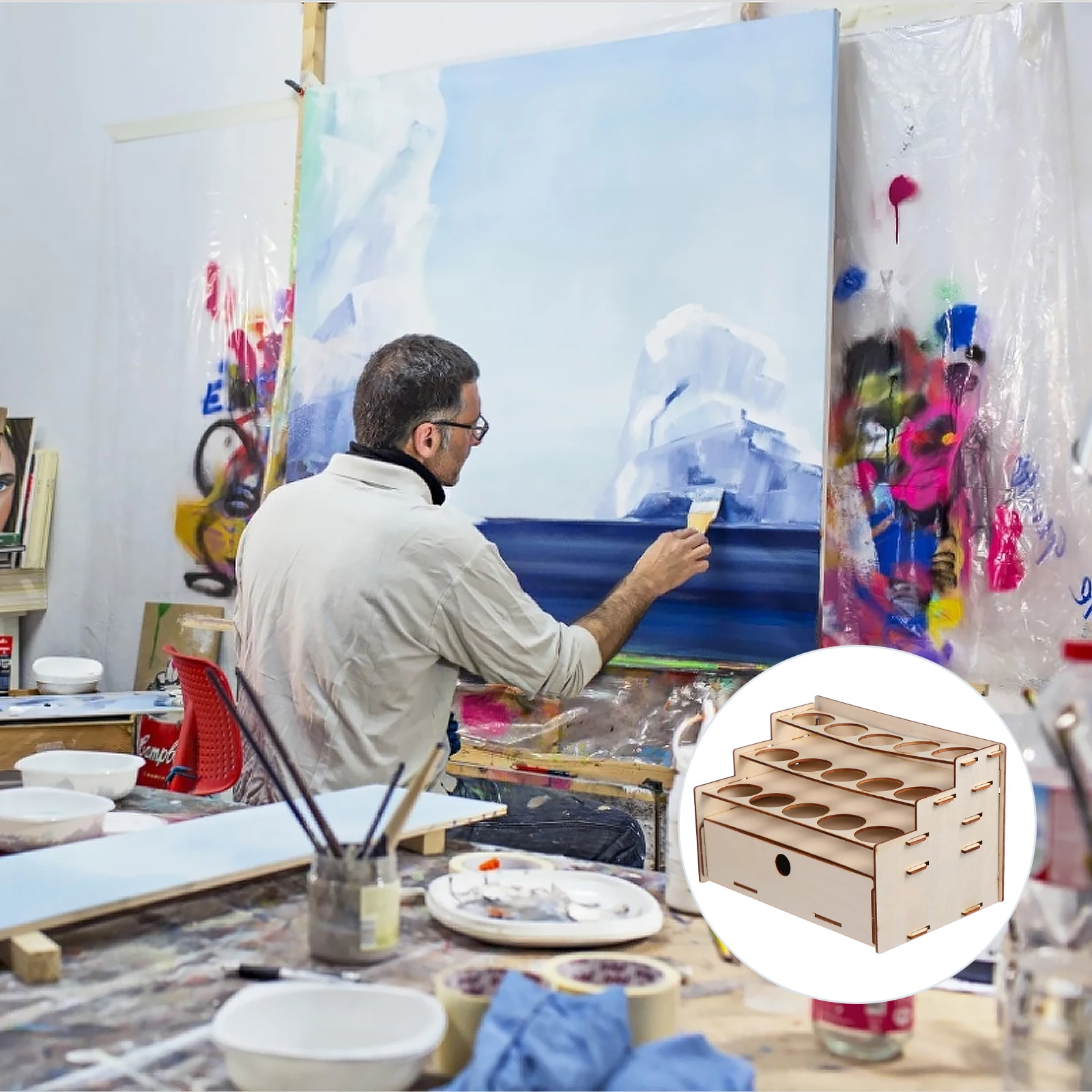 

Wooden Storage Rack Sturdy Paint Artist Tool Pigment Watercolor Organizer Holder Tube Ink Bottle