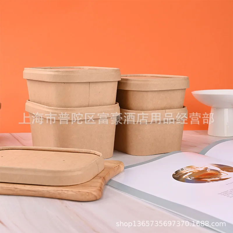 Customized. Disposable Kraft Paper Lunch Box Oval Flat Lid American Square Box Degradable Lunch Box Packaging Environmental Prot