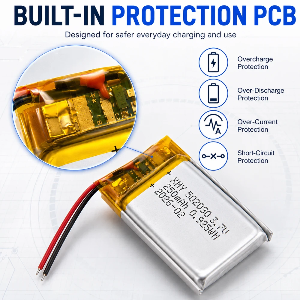 502030 3.7V 250mAh LiPo Battery Rechargeable Lithium Polymer Battery with Protection PCB for MP3 MP4 Bluetooth Speaker GPS