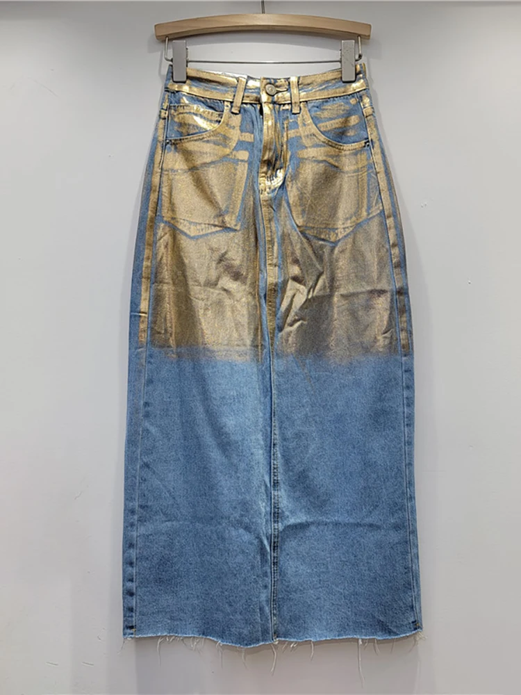 DEAT Women's Denim Skirt High Waist Hand-painted Gilded Silver Coated Split Burrs Long Skirts 2025 Spring New Fashion 29L6098