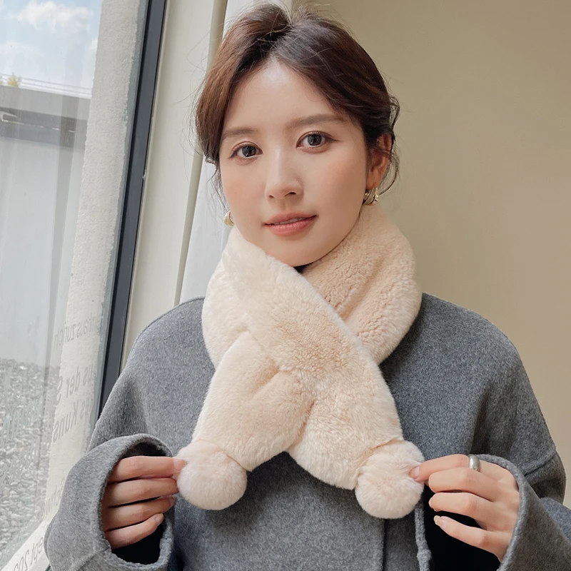 Winter Warm Women's Double-Sided Rex Rabbit Fur Whole Leather Scarf Real Fur Ball Fur Scarf