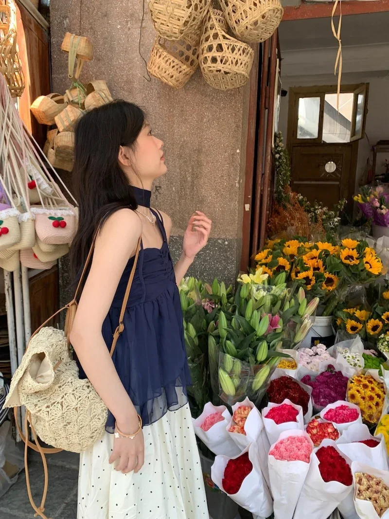 

Сладкий и пряный жилет с открытыми плечами, топ, женская летняя юбка трапециевидной формы с высокой талией в горошек, комплект из двух предметов