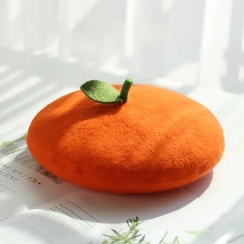 Fresh Cute Fruit Girl Soft Painter Hat Lovely Wool Felt Orange Pink Gift Green Leaf Handmade Warm Beret Ladies