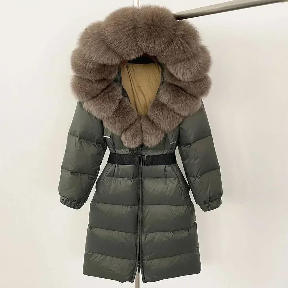 New Natural Thick Warm 90% White Duck Down Coat Long Winter Jacket Women Real Big Fox Fur Collar Belt Loose Puffer Parka