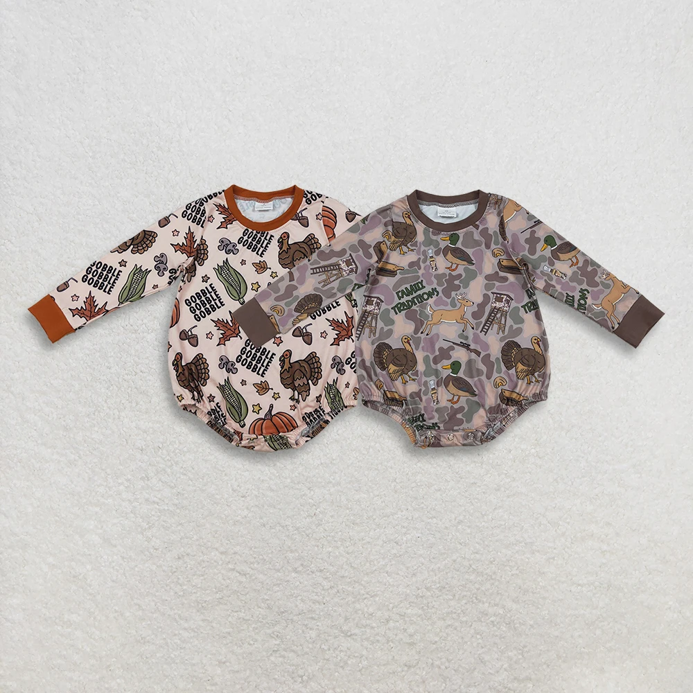 

Sibling Baby Boys Brown Camo Turkey Ducks Hunting Romper Long Sleeves Pumpkin Print Thanksgiving Outfit for Infants