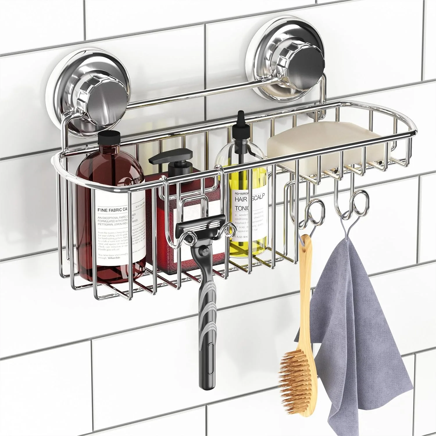 

Suction Cup Shower Caddy Basket for Shampoo with Soap Holder and Hooks, Stainless Steel Bathroom Organizer