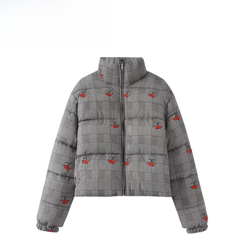 

ZAB Autumn New Faion Retro Cherry Embroidery Print Stand Collar Cotton Jaet Women's Street Sle Long Sve Coat