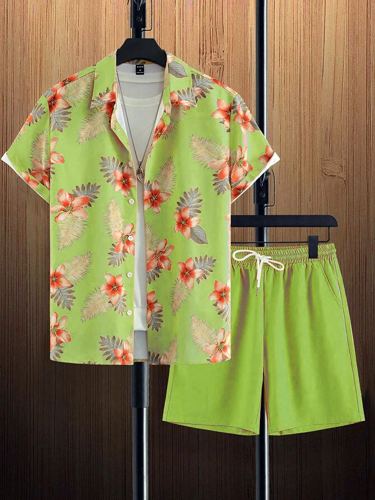 

New Trendy Beach Men's Shirt 2pcs Summer Casual Clothing Shorts Suits Men Hawaiian Short-sleeved Shirt Athletic Shorts Set