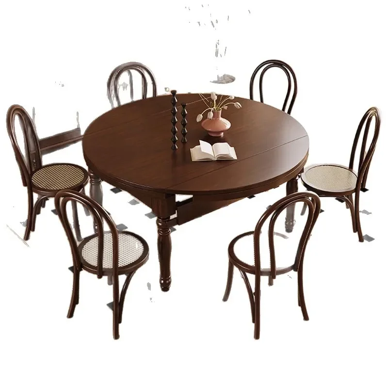 

Retro style solid wood, dining table and chair combination, walnut color retractable, American French dining table