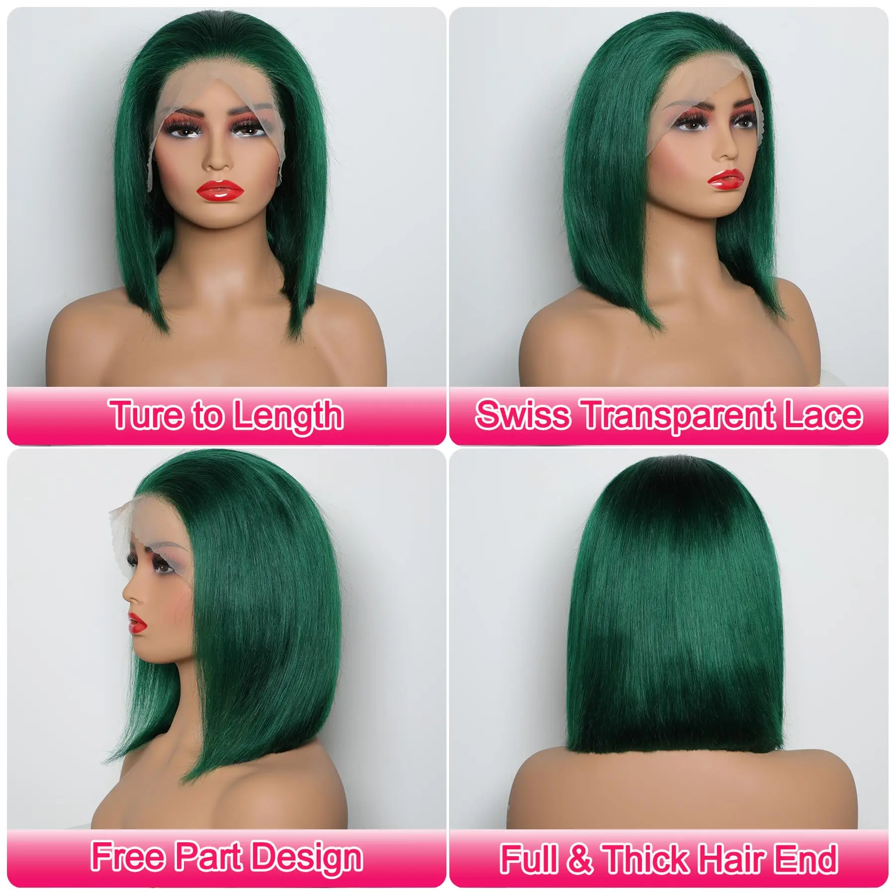 Short Dark Green Bob Wig Human Hair 13×4 Transparent Lace 