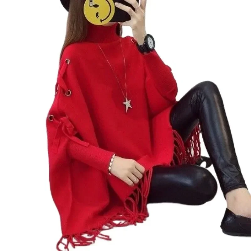 2024 Women Pullover Loose wool Batwing Sweater Ladies Knitted ponchos Coat red cape dress cloak capas y ponchos Shawls and Wraps