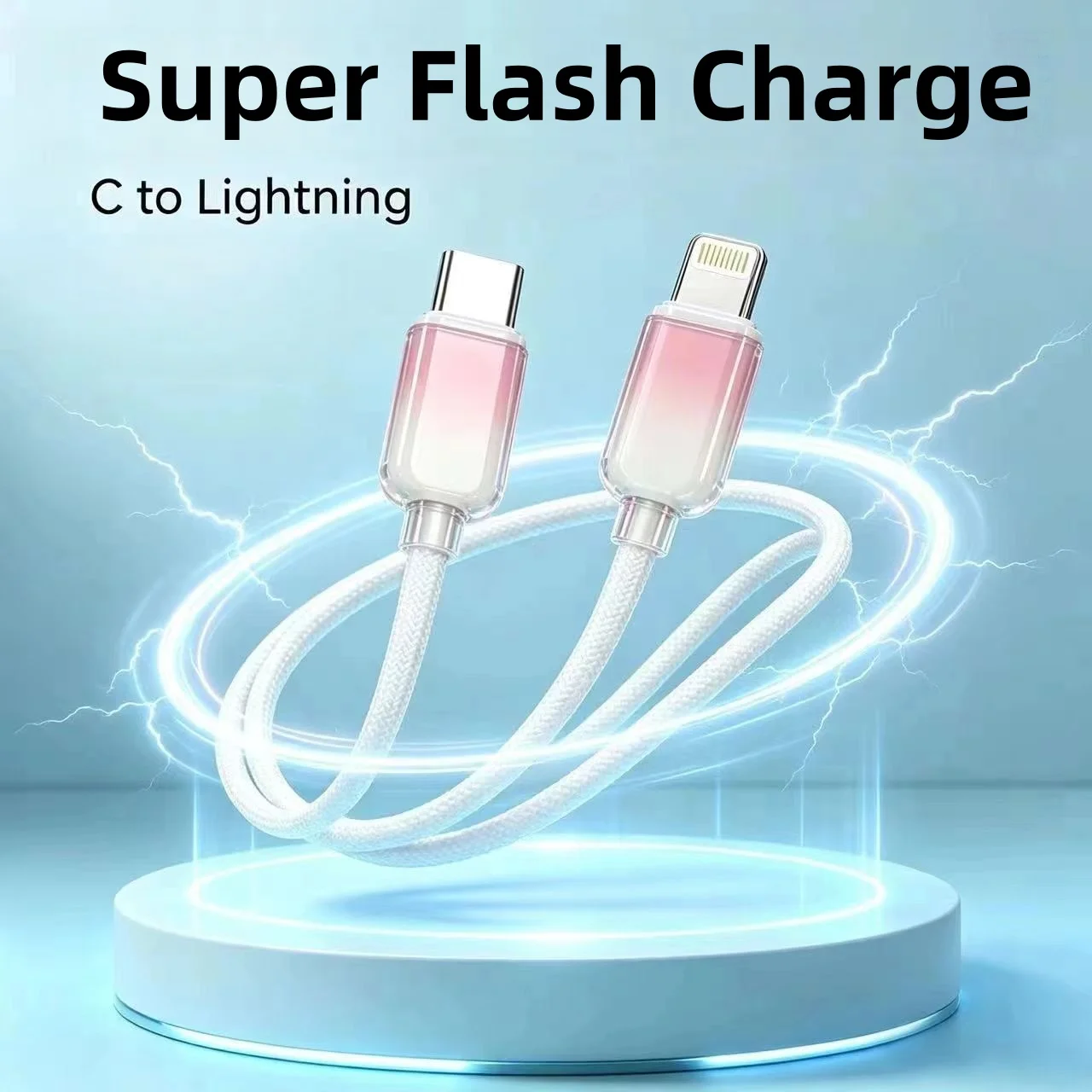 USB‑C to Lightning Cable, Transparent Shell Nylon Braided, PD Fast Charging, Anti‑Break Bend‑Resistant, Charging & Data Sync for