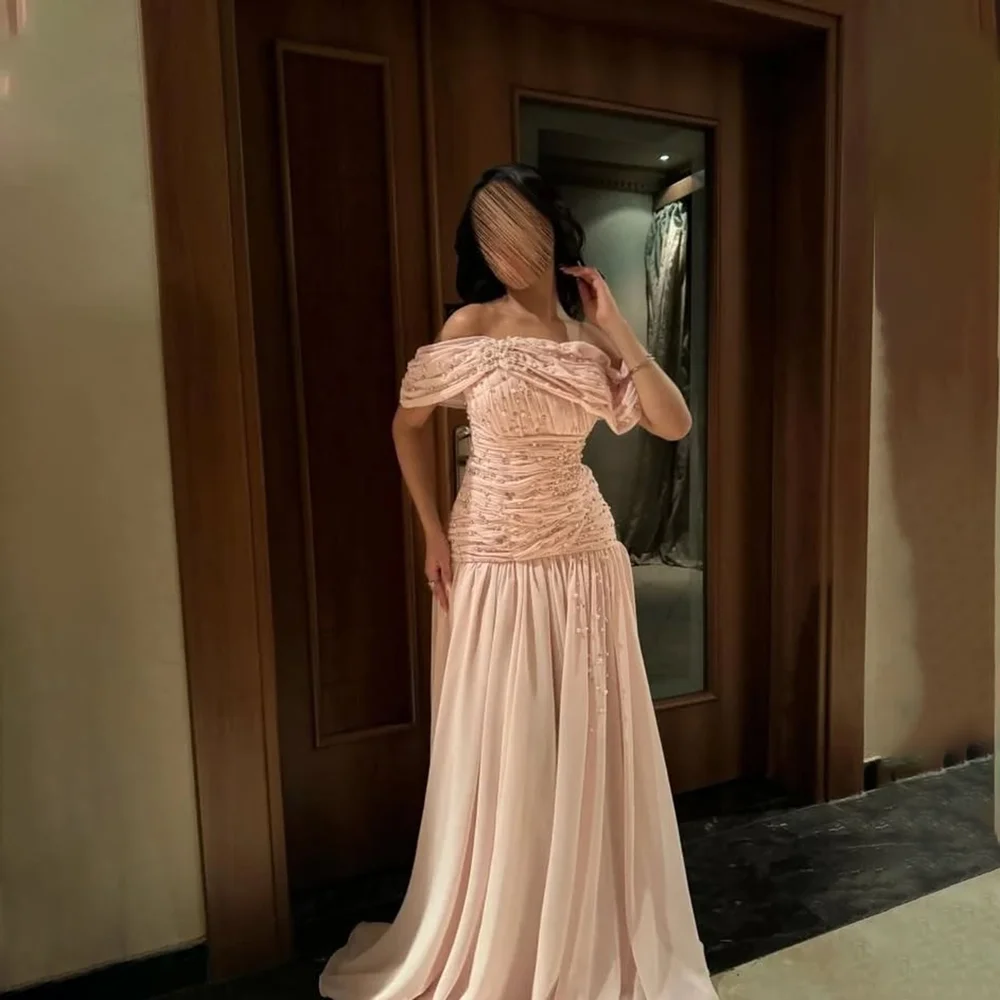 

Роскошное вечернее платье с бисером для женщин, шифоновое вечернее платье трапециевидной формы с открытыми плечами, плиссированные длинные вечерние платья по индивидуальному заказу