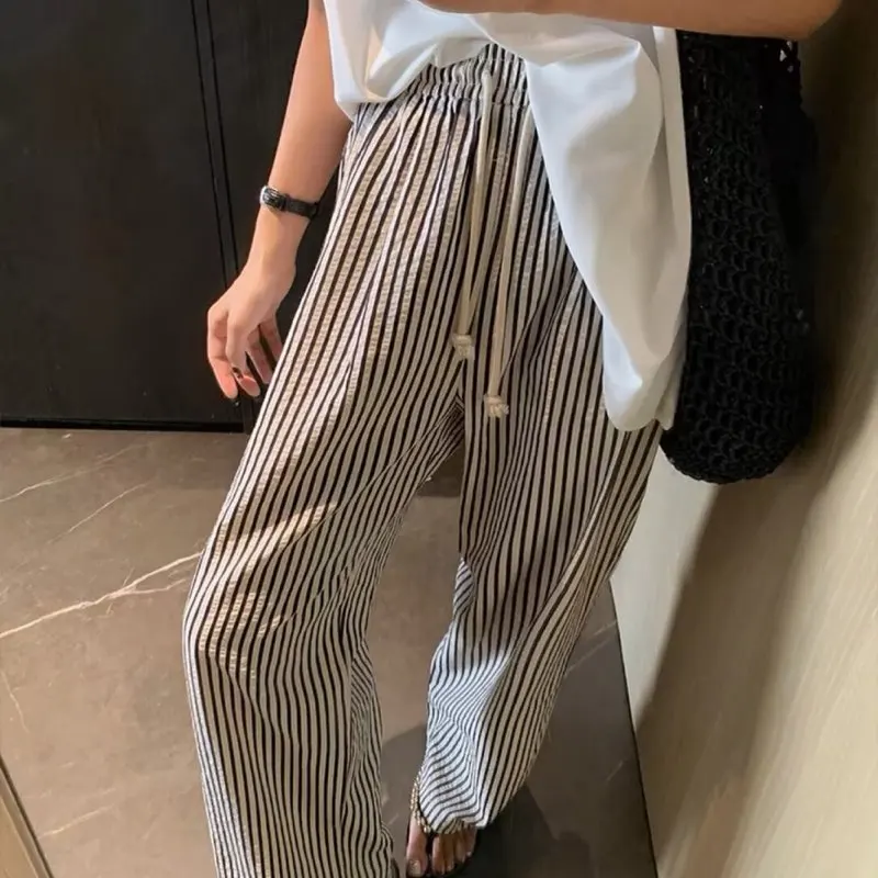 Trendy Striped Wide Leg Pants Women's Slim Fit High Waist Drapey Straight Loose Casual Summer Trousers Comfortable Lazy Pants