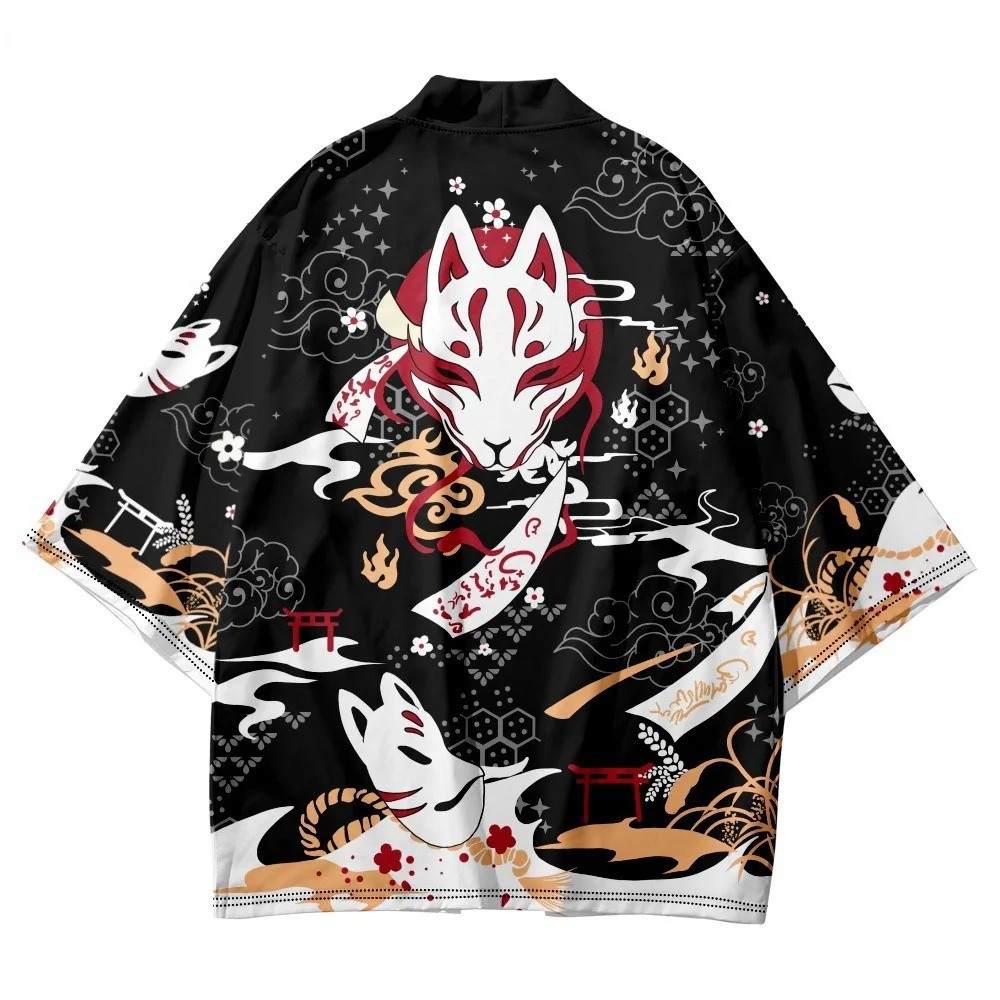 Black Kimono Cardigan Women Men Japanese Male Yukata Men\'s Haori Japanese Wave Carp Fox Print Coat Traditional Japan Clothing