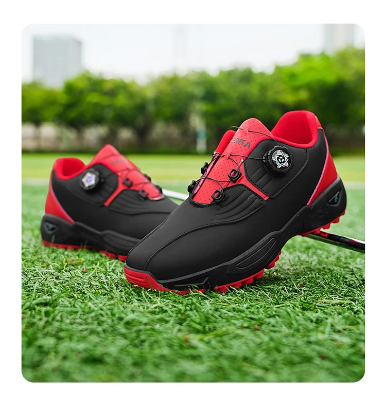 Herren Golfschuhe mit Drehverschluss und Spikes, Wasserdichtes Leder, Rutschfeste Outdoor-Sportschuhe in Weiß, Schwarz und Rot – Detail 12