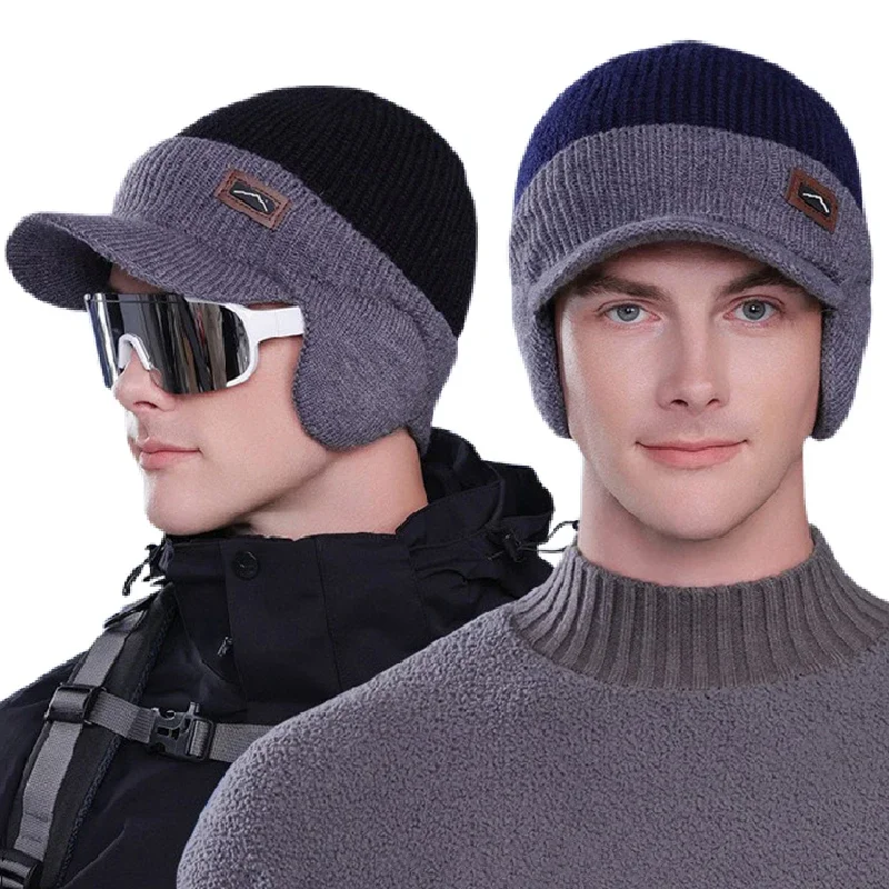 Winter Beanie W/Visor & Earflaps for Men Outdoor Fleece Hat Men Knit Beanie Visor Cap Women Thick Beanie with A Brim Skull Cap