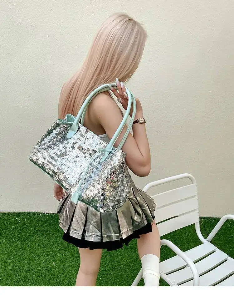 Bloom Shine Beading Sier Shoulder Bags Purse Women 2025 New Large Capacity Casual Handbag Ladies Vintage Tote Bag Aesthetic