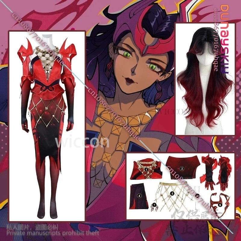 

Anime Game Rivals Cosplay Witch Red To Black Gradient Wigs Sexy Jumpsuit Halloween Party Punk Y2K Bodysuit Headwear RoleplaySuit